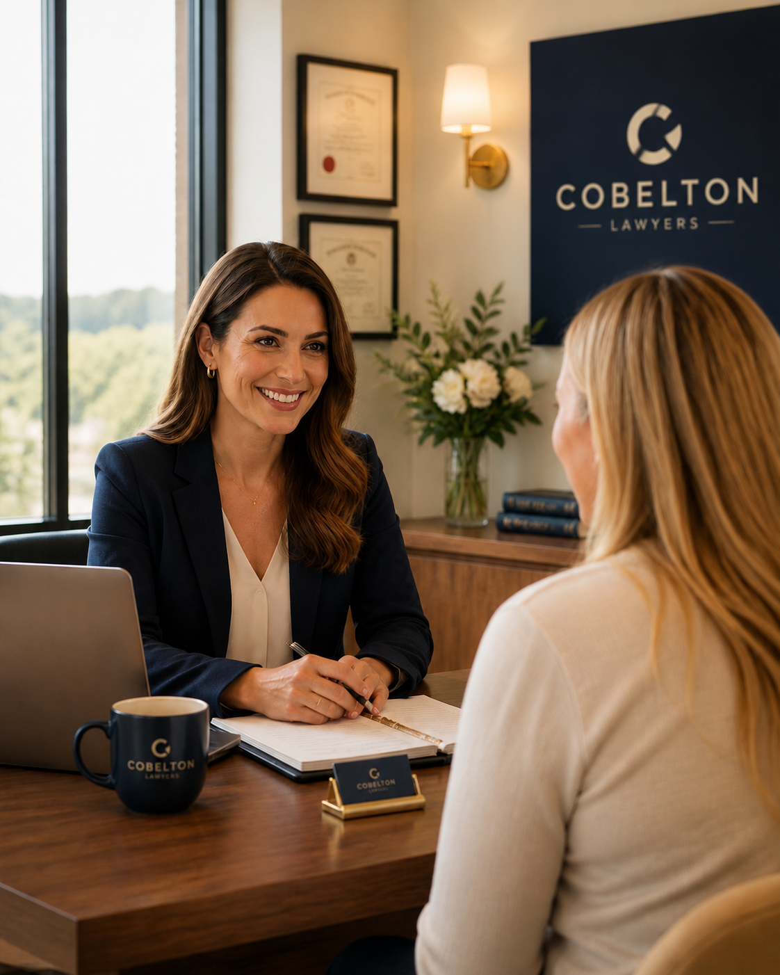 A welcoming lawyer meeting with a client in a warm, sunlit office — approachable boutique legal counsel.
